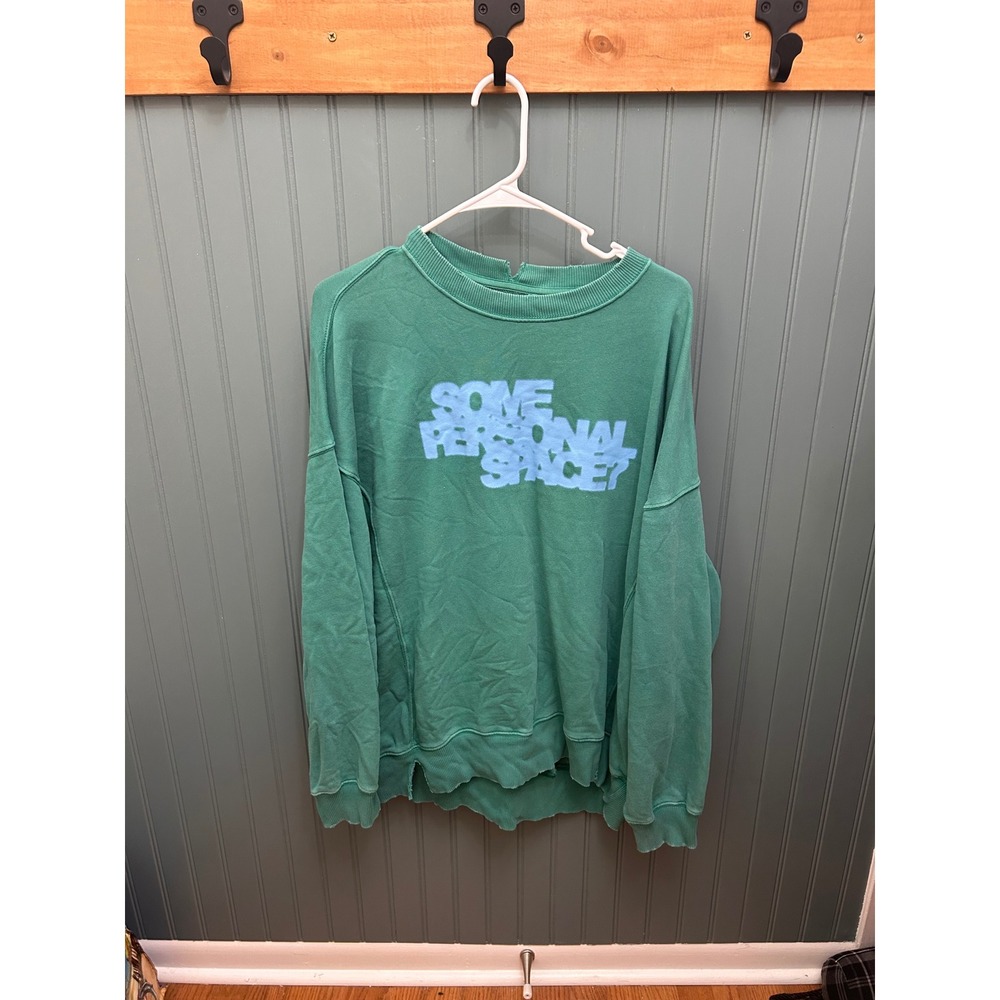 Aerie Green Some Personal Space Graphic Distressed Oversized Sweatshirt Medium